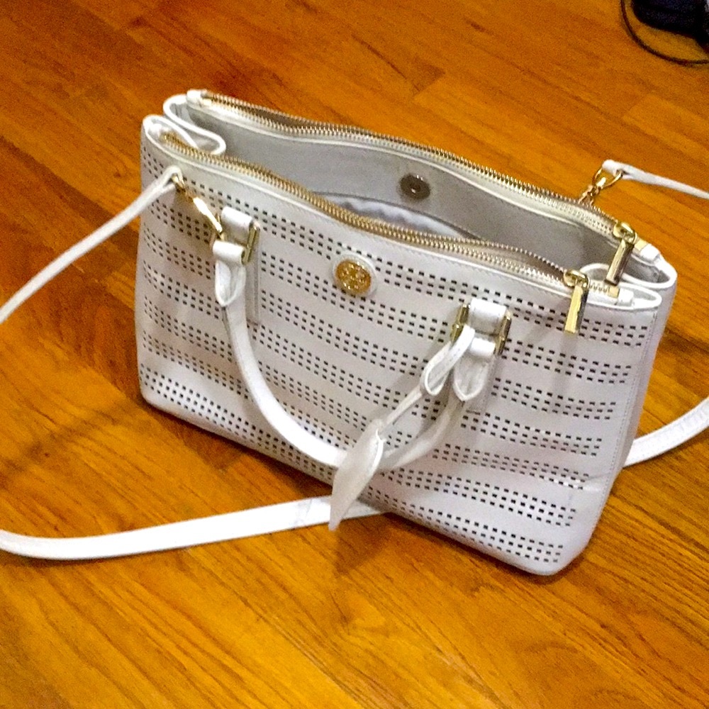 Tory Burch White Perforated Top Handle Bag